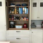 Larder with Slide and Hide Pocket Doors, Oak Interior and External Drawers. Stepped Shaker In-frame Doors